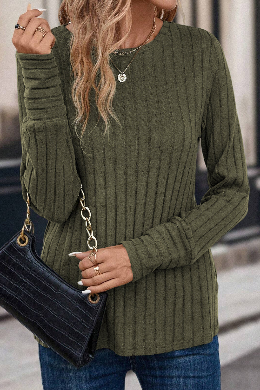 Duffel Green Solid Color Ribbed Knit Long Sleeve Top