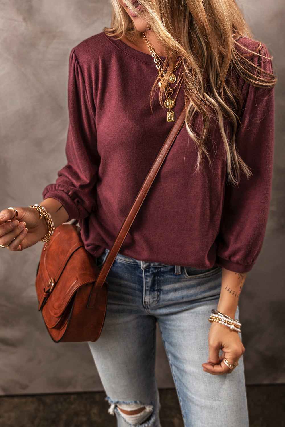 Black Plain 3/4 Puff Sleeve Round Neck Top