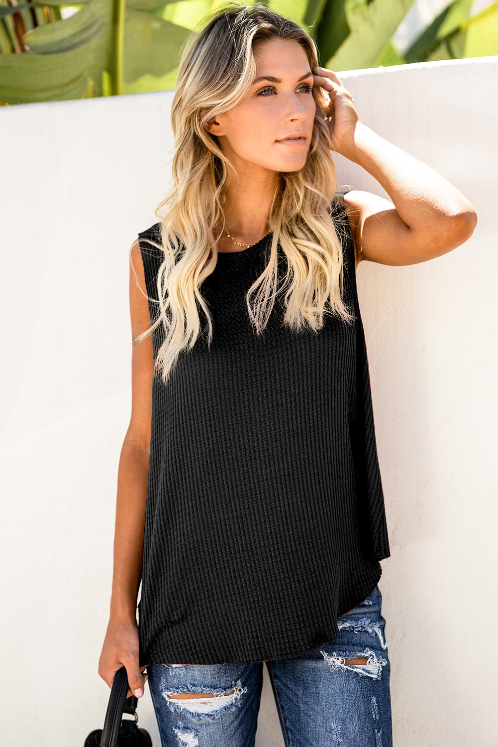 Red Basic Crew Neck Waffle Rib-Knit Tank Top