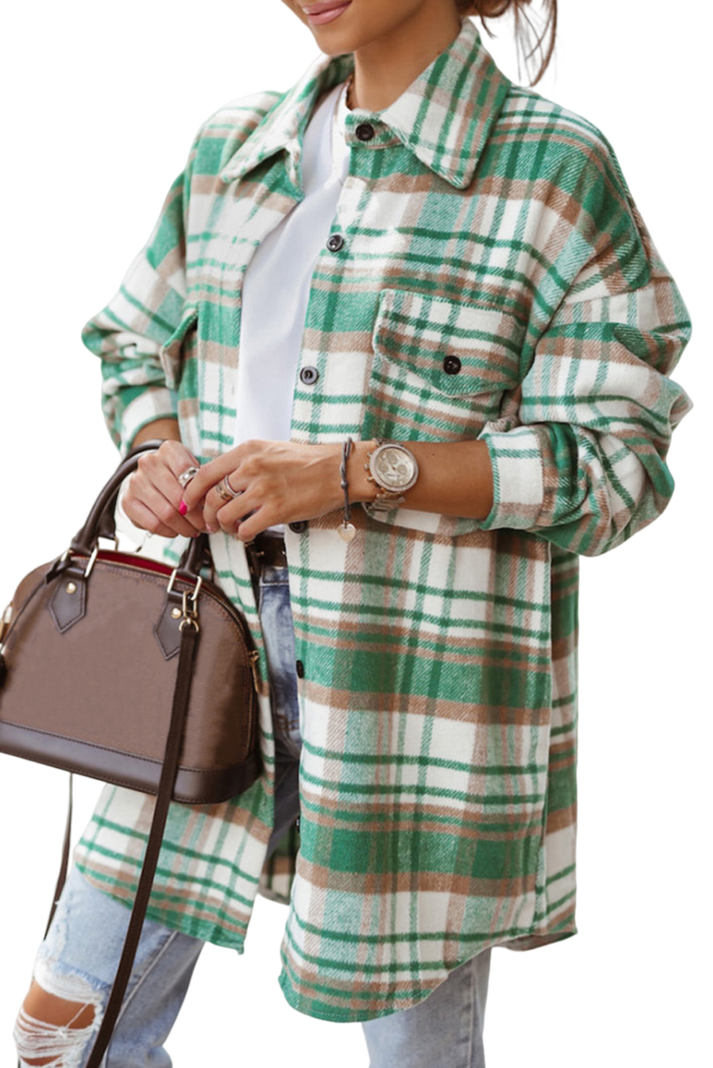 Sky Blue Plaid Flap Pocket Long Sleeve Shacket