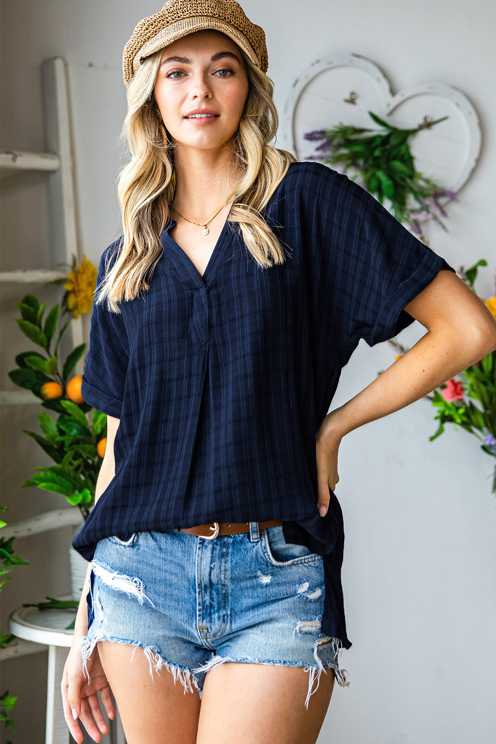 White Striped Print Casual Back Pleated Side Split Blouse