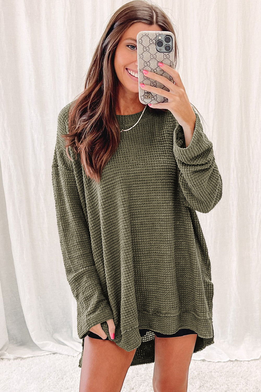 Gray Waffle Knit Drop Sleeve Side Slits Oversized Top