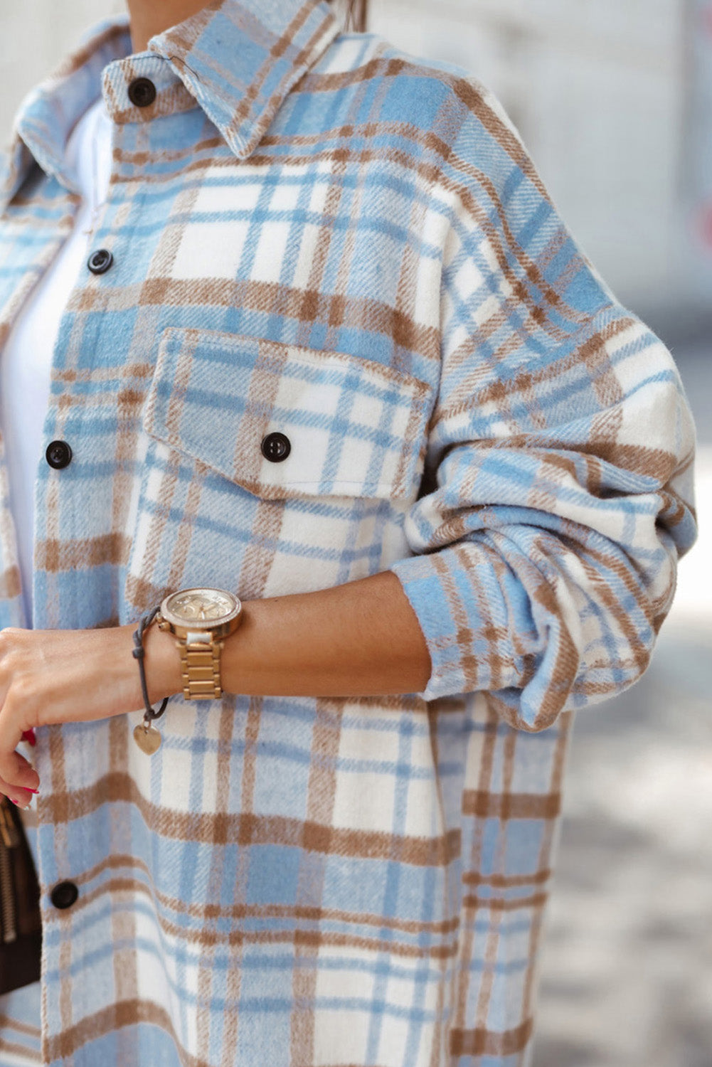 Sky Blue Plaid Flap Pocket Long Sleeve Shacket