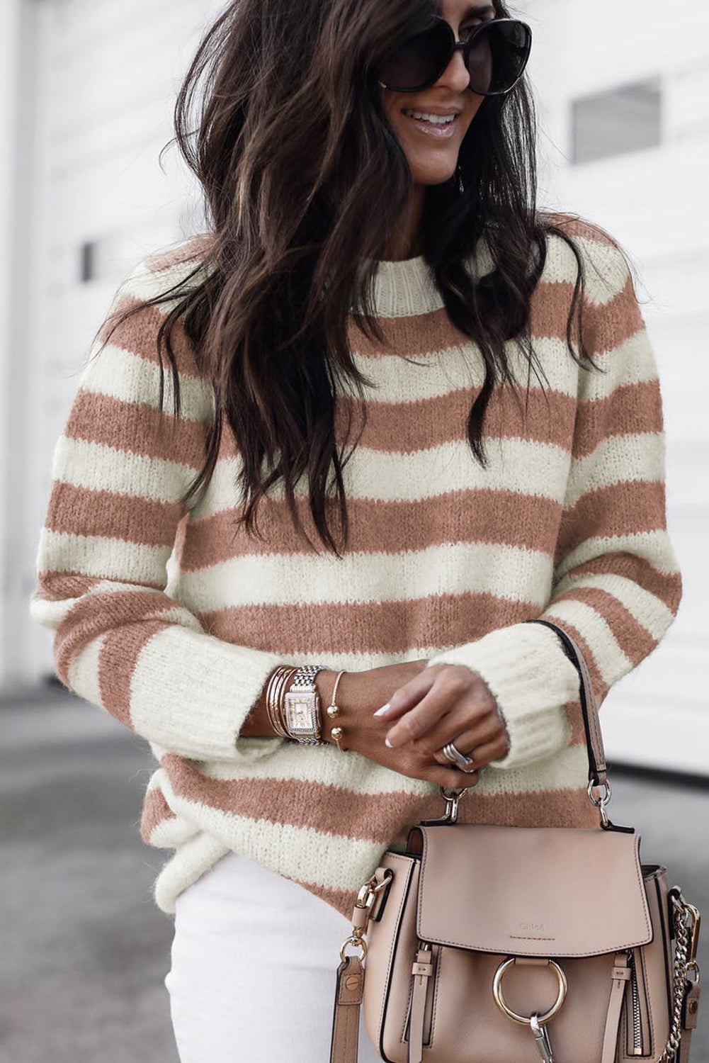 Brown Striped Colorblock Long Sleeve Casual Sweater