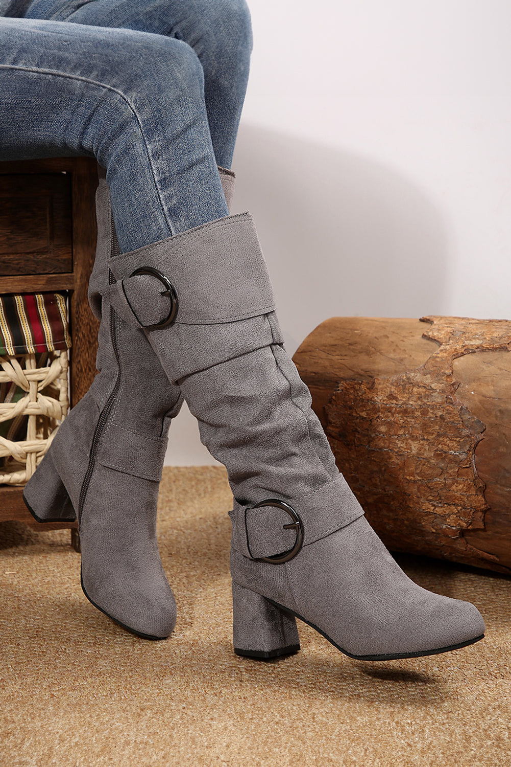 Dark Grey Suede Double Buckled Side Zipper Mid-calf Boots