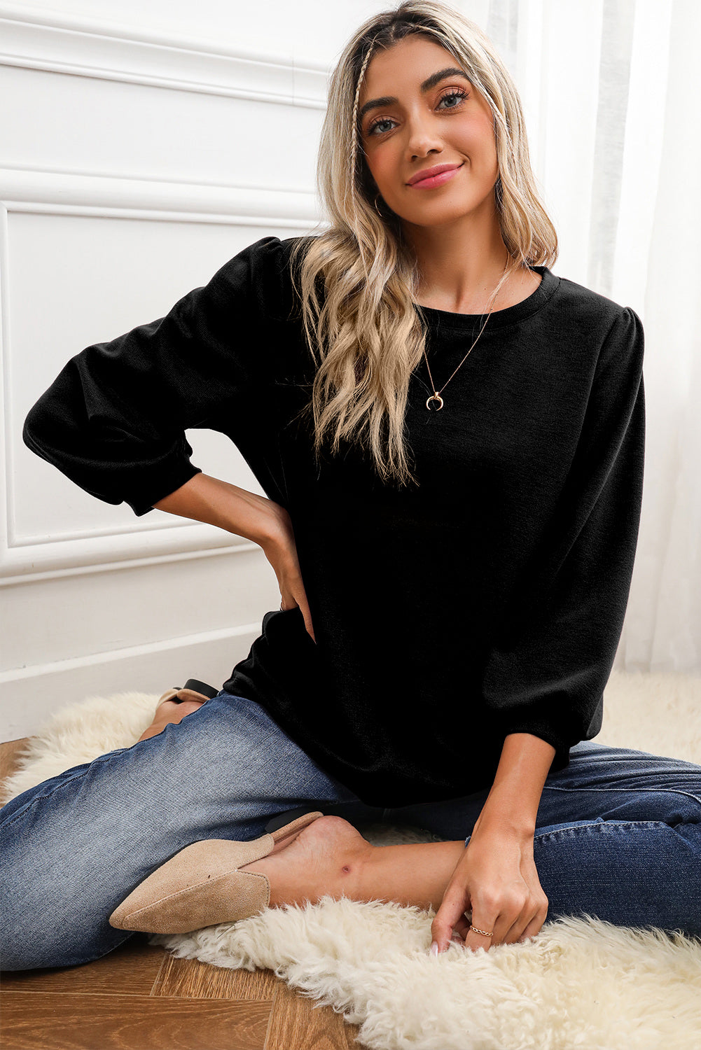 Black Plain 3/4 Puff Sleeve Round Neck Top