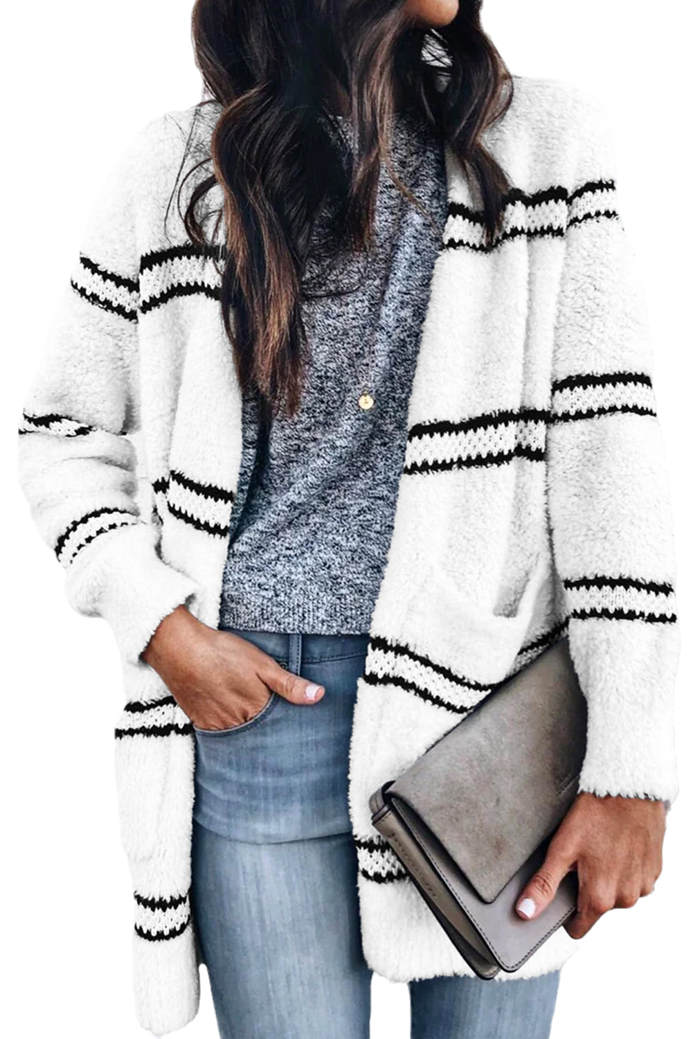 White Striped Furry Open Front Cardigan