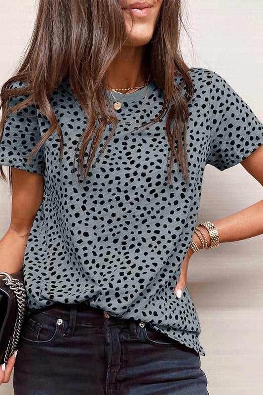 Grey Cheetah Print Casual Crew Neck T Shirt