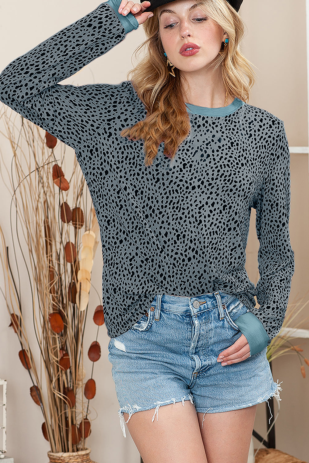 Red Animal Spotted Print Round Neck Long Sleeve Top