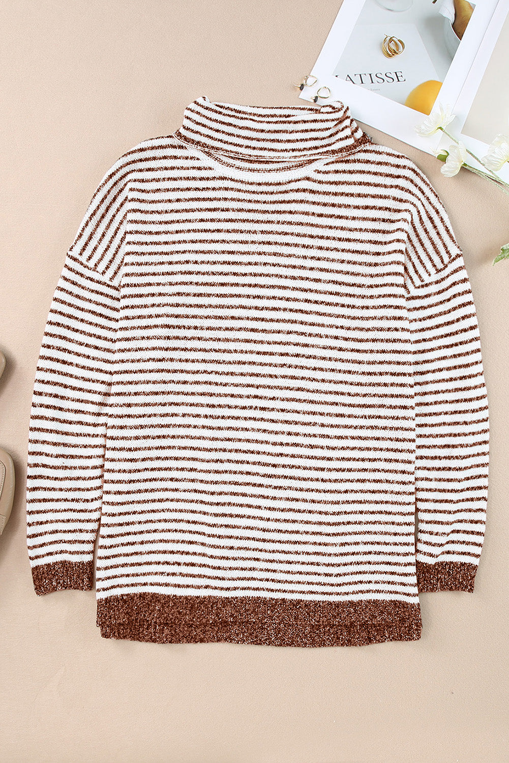 Gray Striped Turtleneck Oversized Sweater