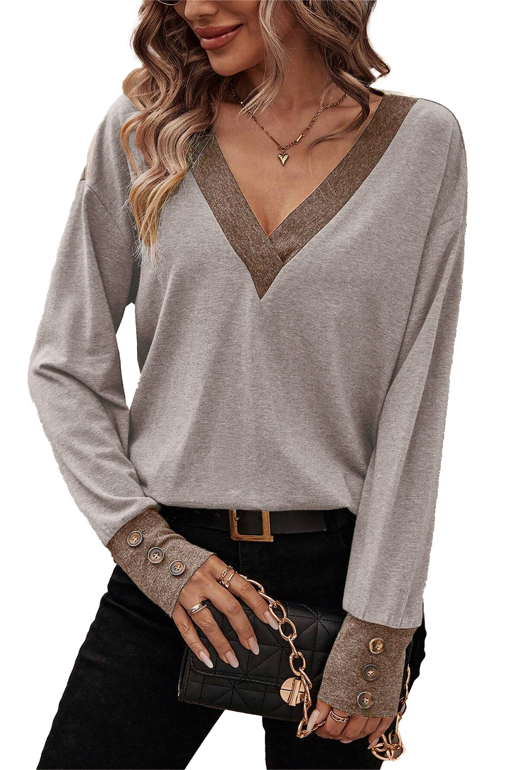 Moss Green Contrast V Neck Button Decor Long Sleeve Top