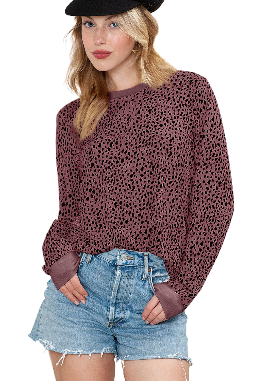 Red Animal Spotted Print Round Neck Long Sleeve Top