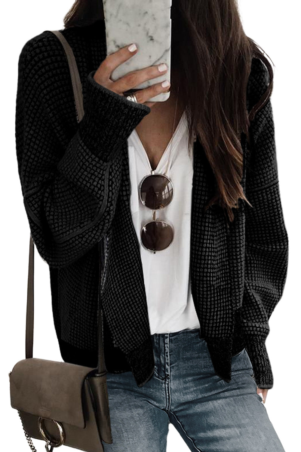 Grey Gingham Contrast Trim Open Front Cardigan