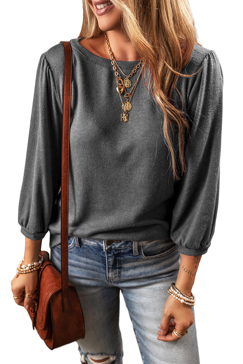 Black Plain 3/4 Puff Sleeve Round Neck Top
