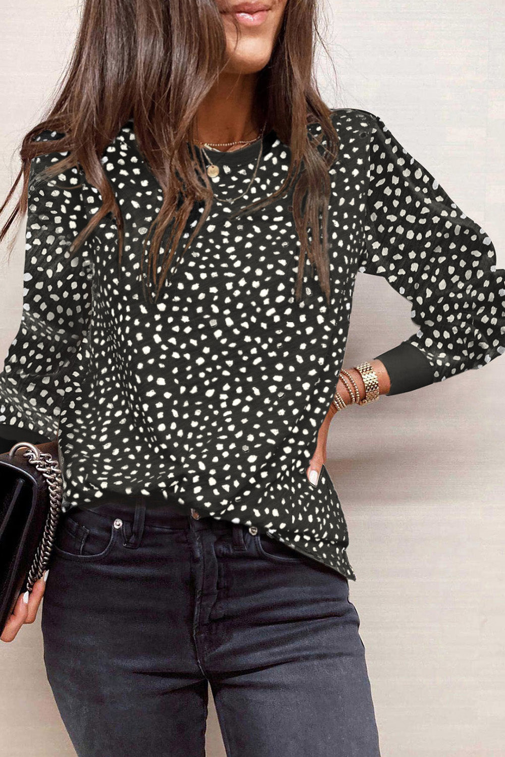 Red Animal Spotted Print Round Neck Long Sleeve Top