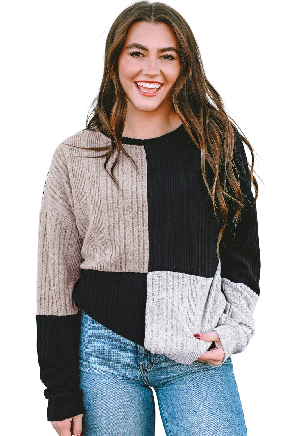 Black Colorblock Textured Knit Long Sleeve Top