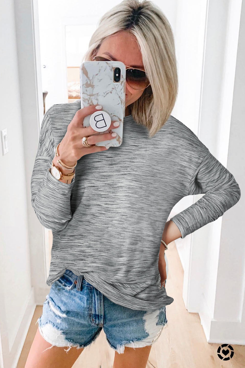 Stripe Casual Heathered Drop Shoulder Long Sleeve Top