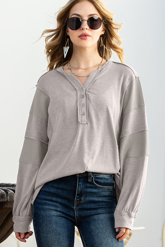 Gray Waffle Patchwork Dolman Sleeve Henley Top