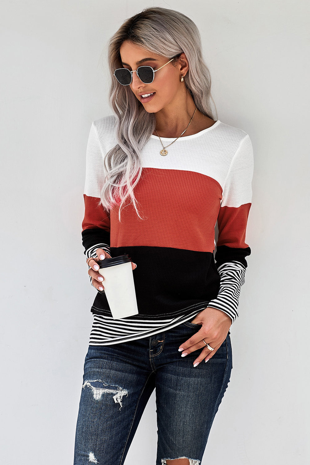 Color Block Stripes Trim Patchwork Casual Textured Long Sleeve Top