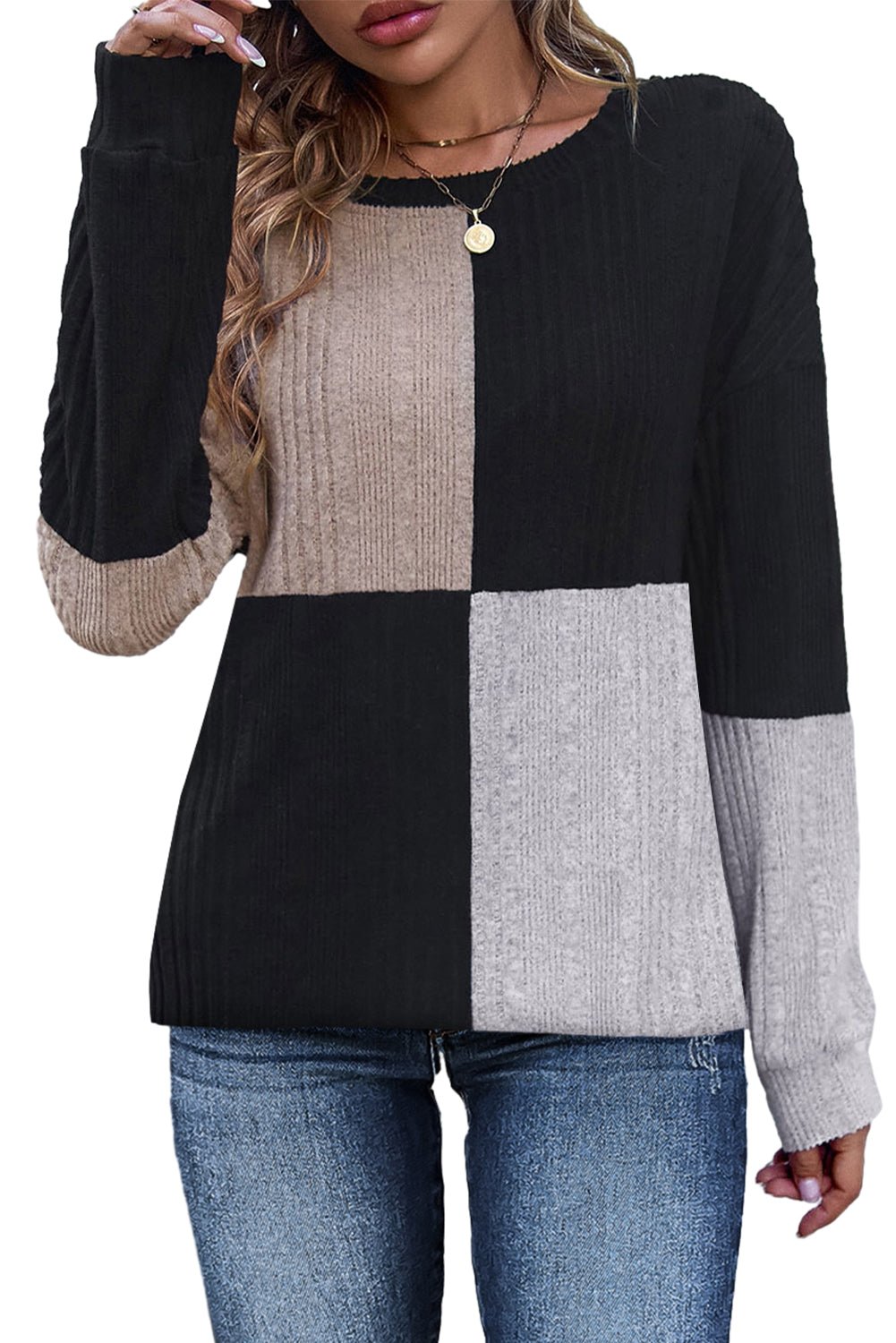 Black Colorblock Textured Knit Long Sleeve Top