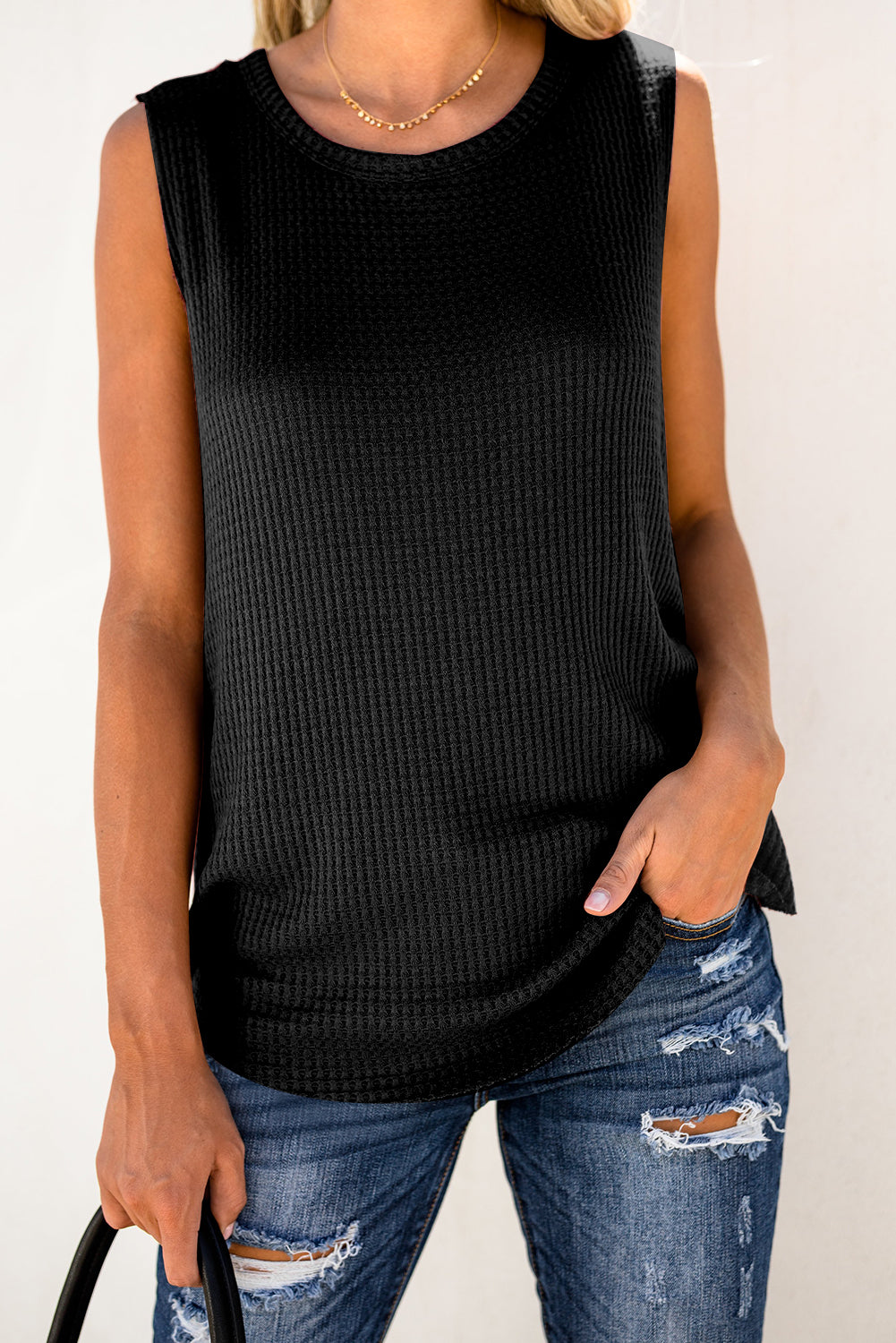 Red Basic Crew Neck Waffle Rib-Knit Tank Top