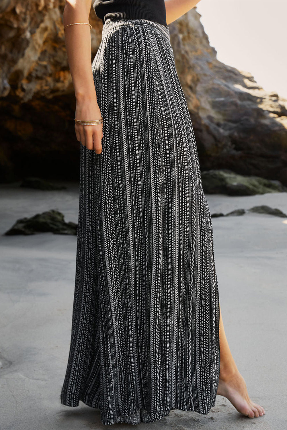 Black Striped Printed Slit Wide Leg High Waist Pants