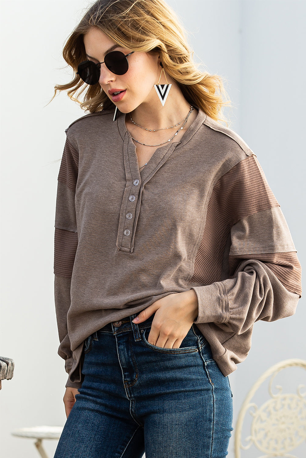 Gray Waffle Patchwork Dolman Sleeve Henley Top