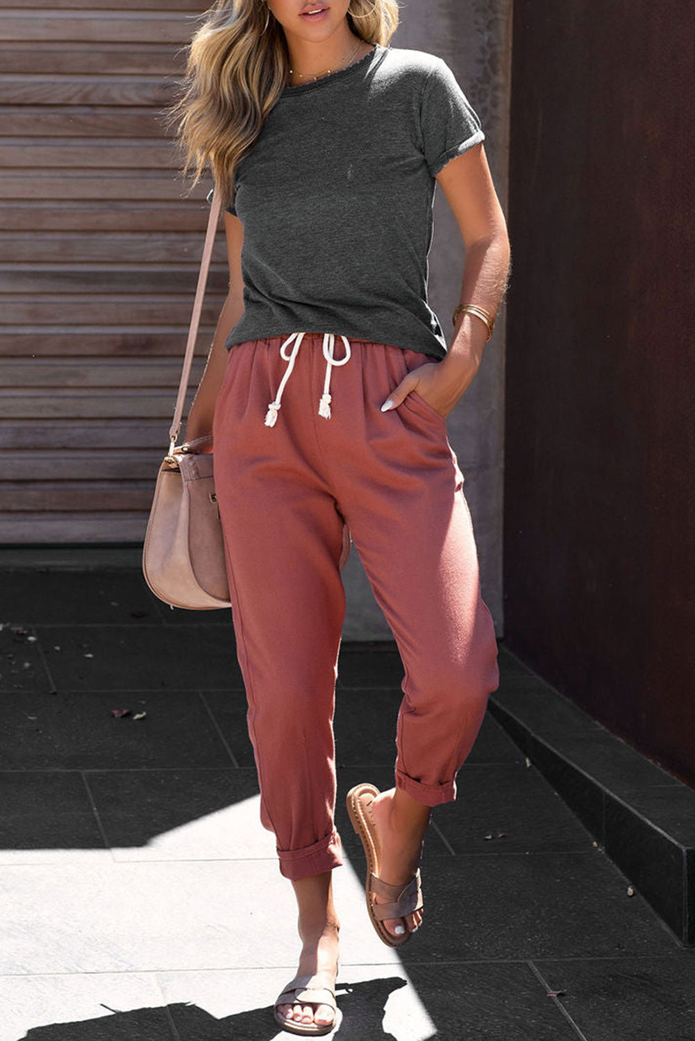 Red Solid Color Drawstring High Waisted Pants with Pockets