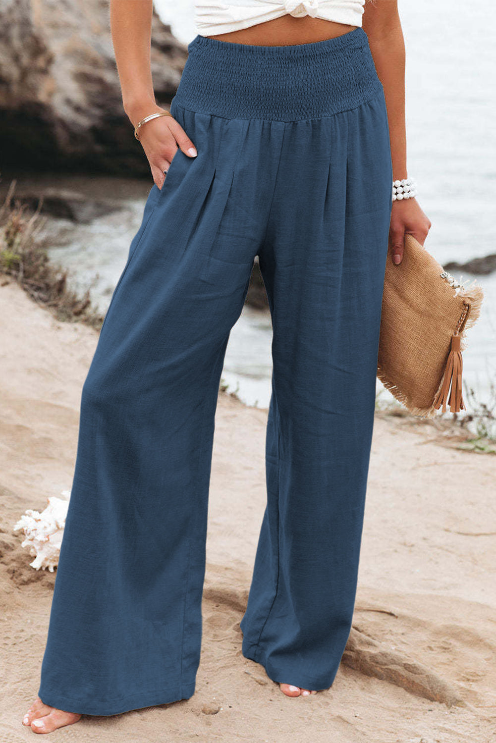 Khaki Smocked Wide Waistband High Waist Wide Leg Pants