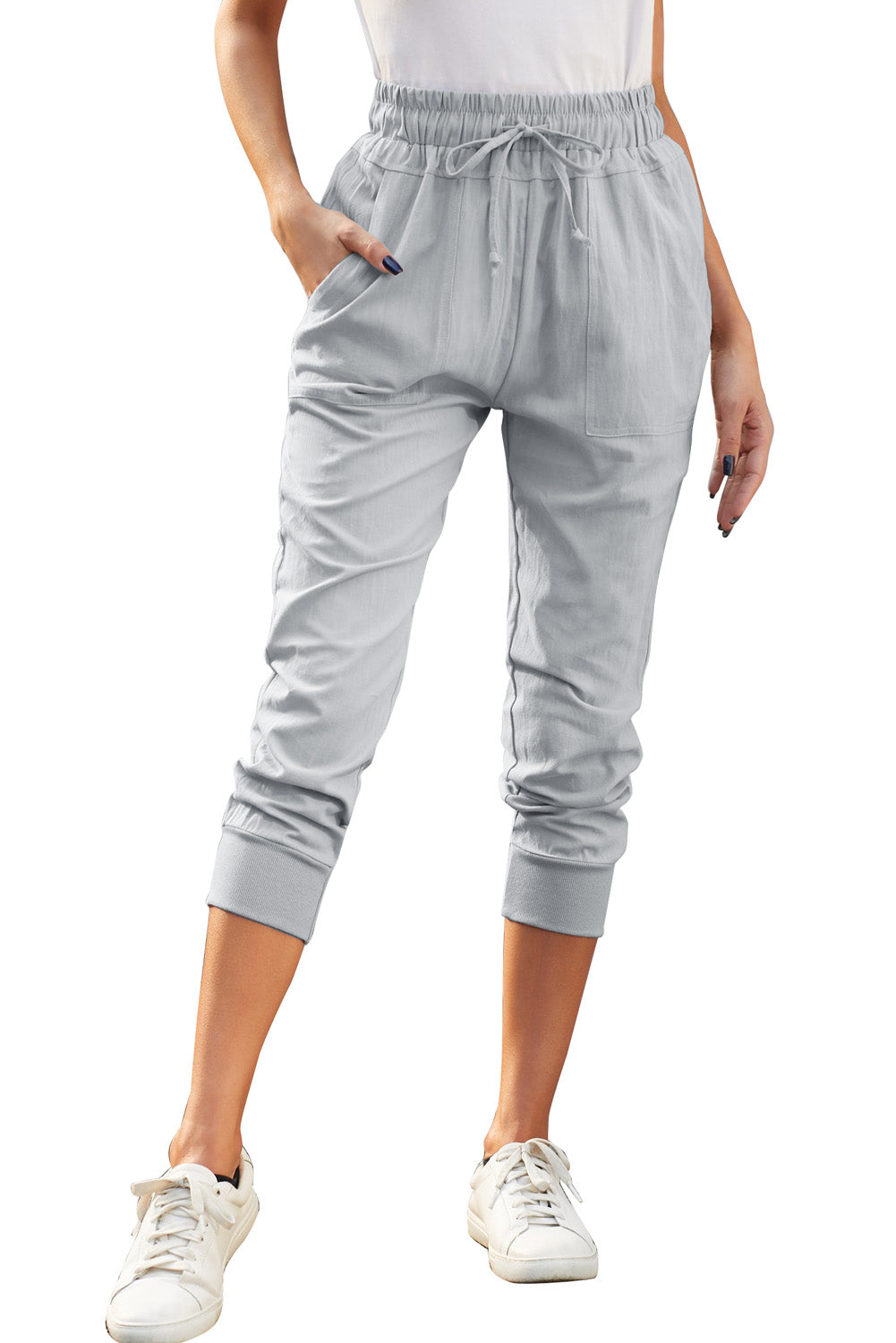 Gray Causal Pockets Elastic Waist Drawstring Pants