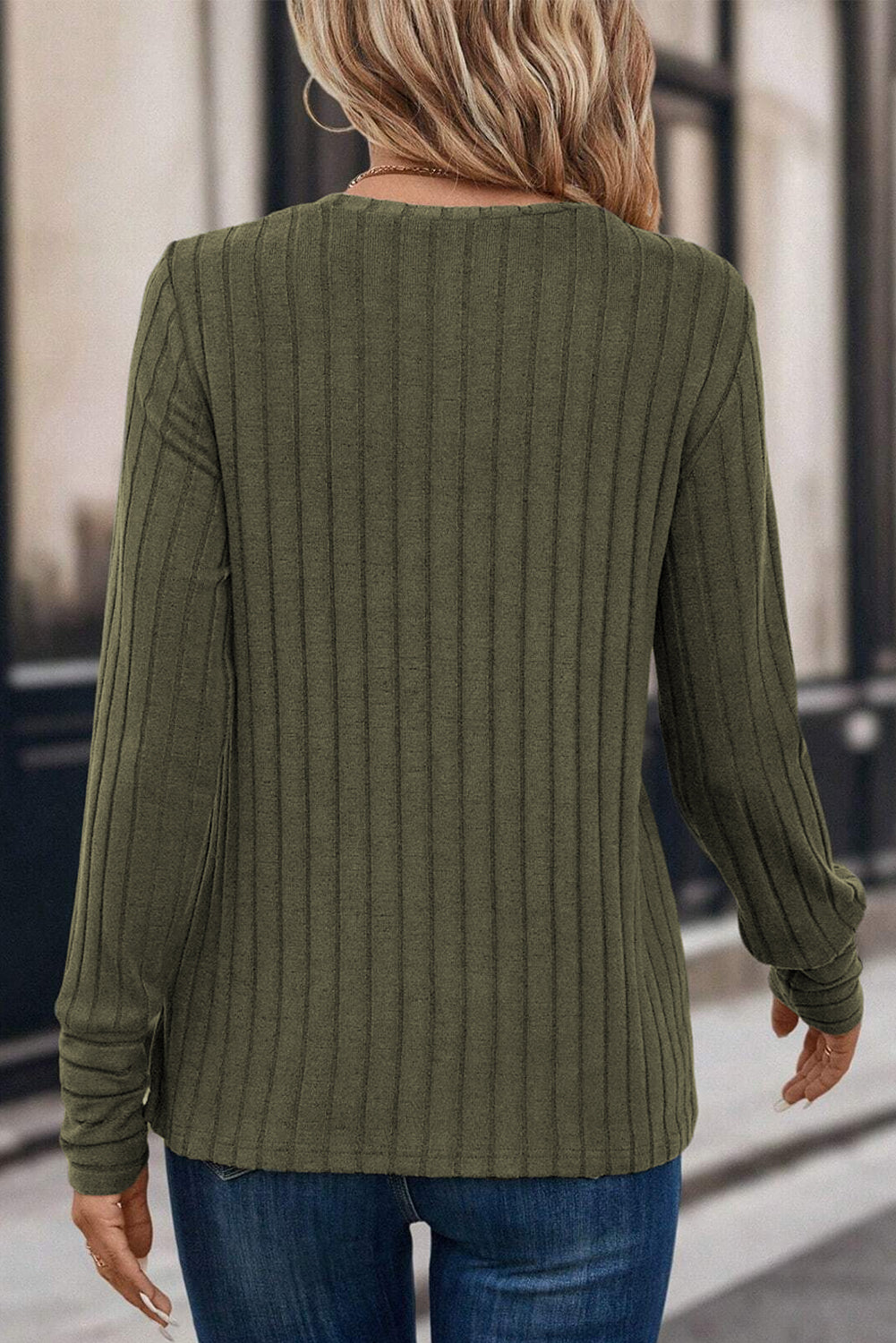 Duffel Green Solid Color Ribbed Knit Long Sleeve Top