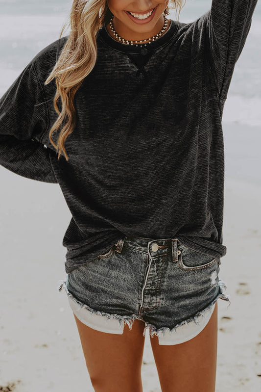 Gray Mineral Washed Waffle Long Sleeve Top