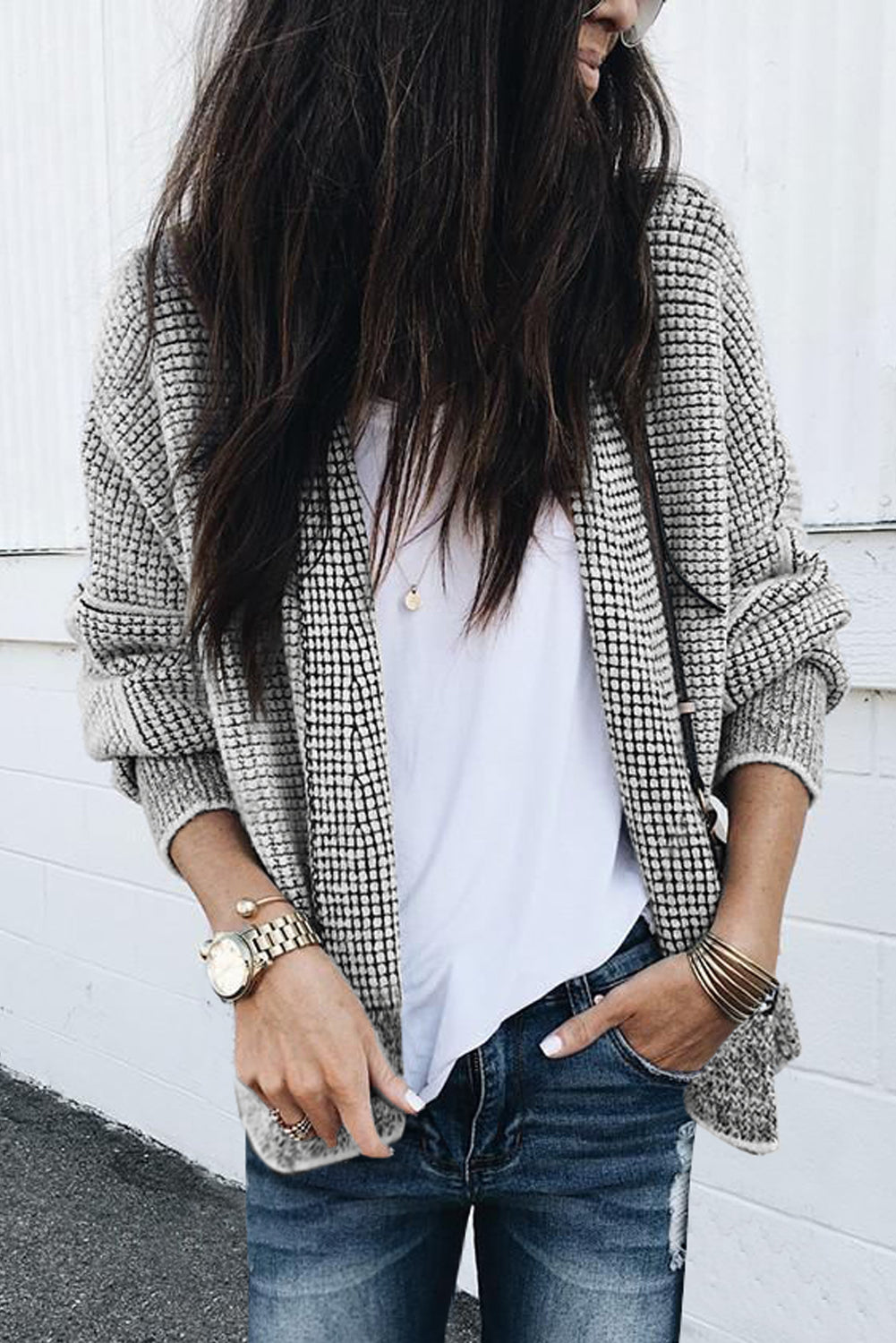 Grey Gingham Contrast Trim Open Front Cardigan