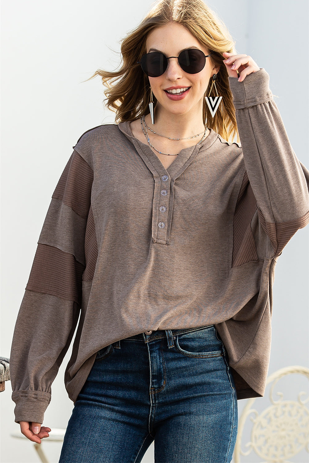 Gray Waffle Patchwork Dolman Sleeve Henley Top