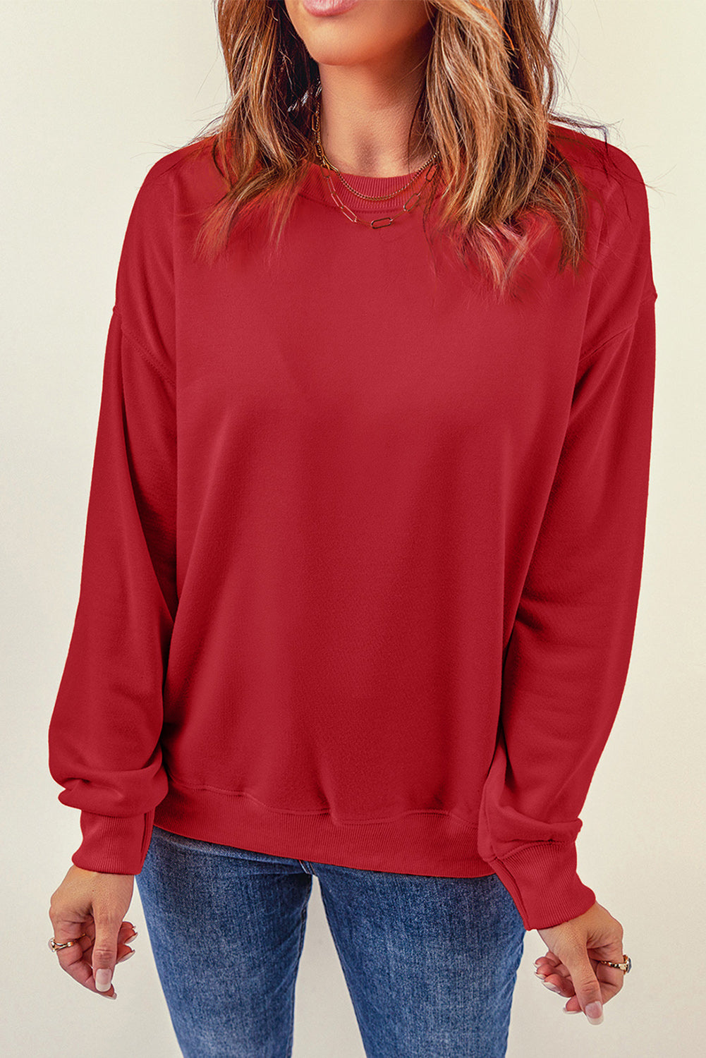 Red Plain Comfy Crew Neck Pullover Sweatshirt