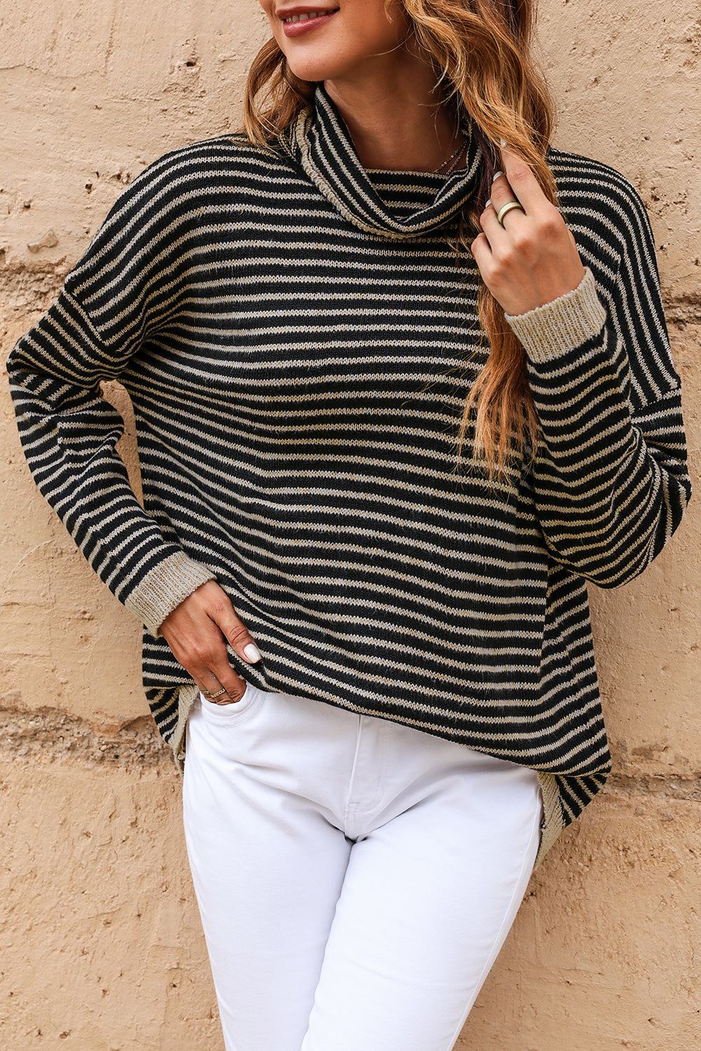 Gray Striped Turtleneck Oversized Sweater