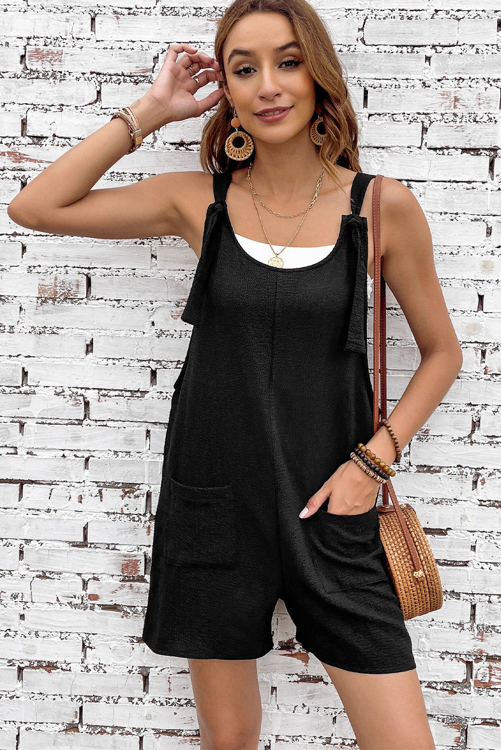 Brown Shoulder Strap Pocket Textured Romper