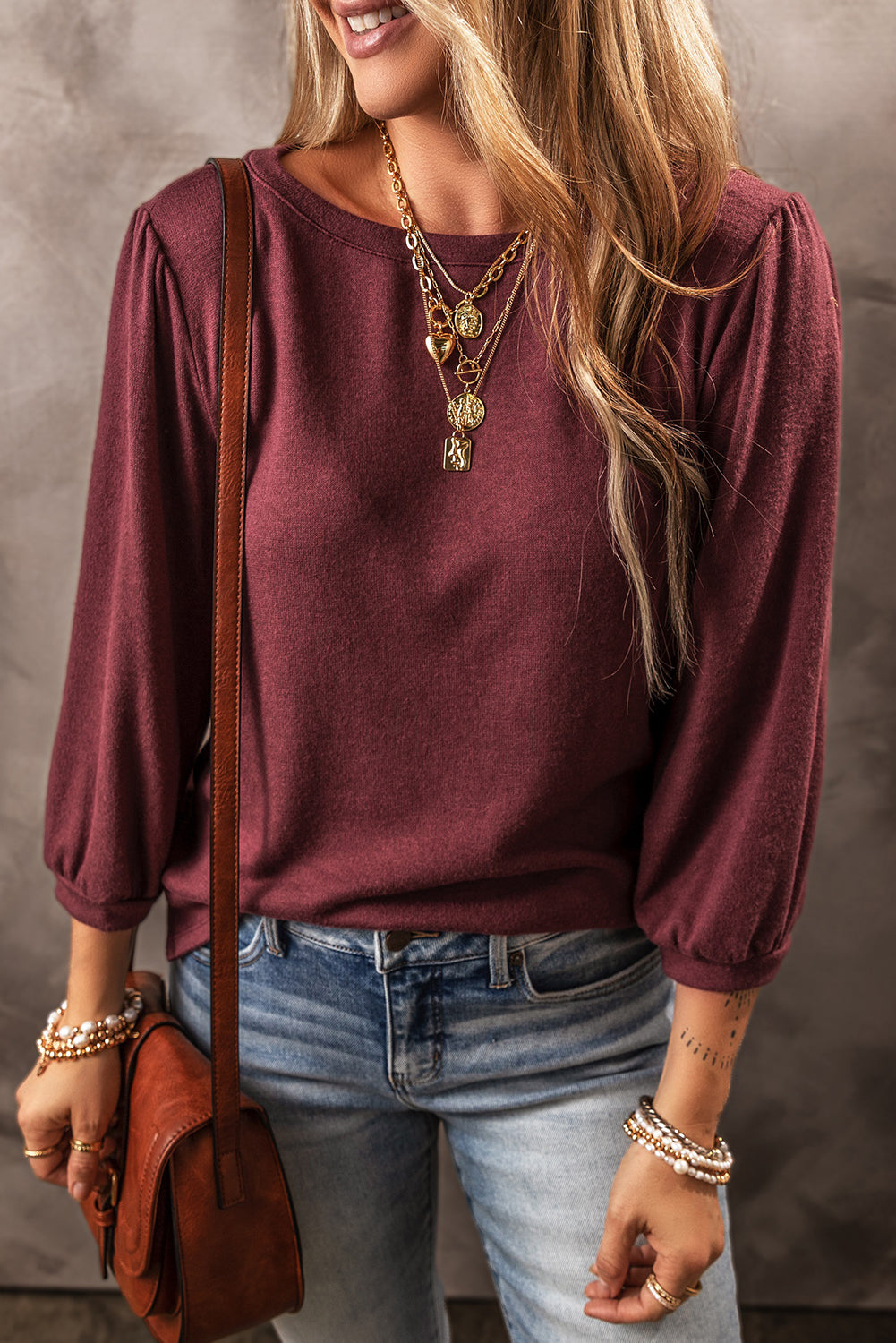 Black Plain 3/4 Puff Sleeve Round Neck Top