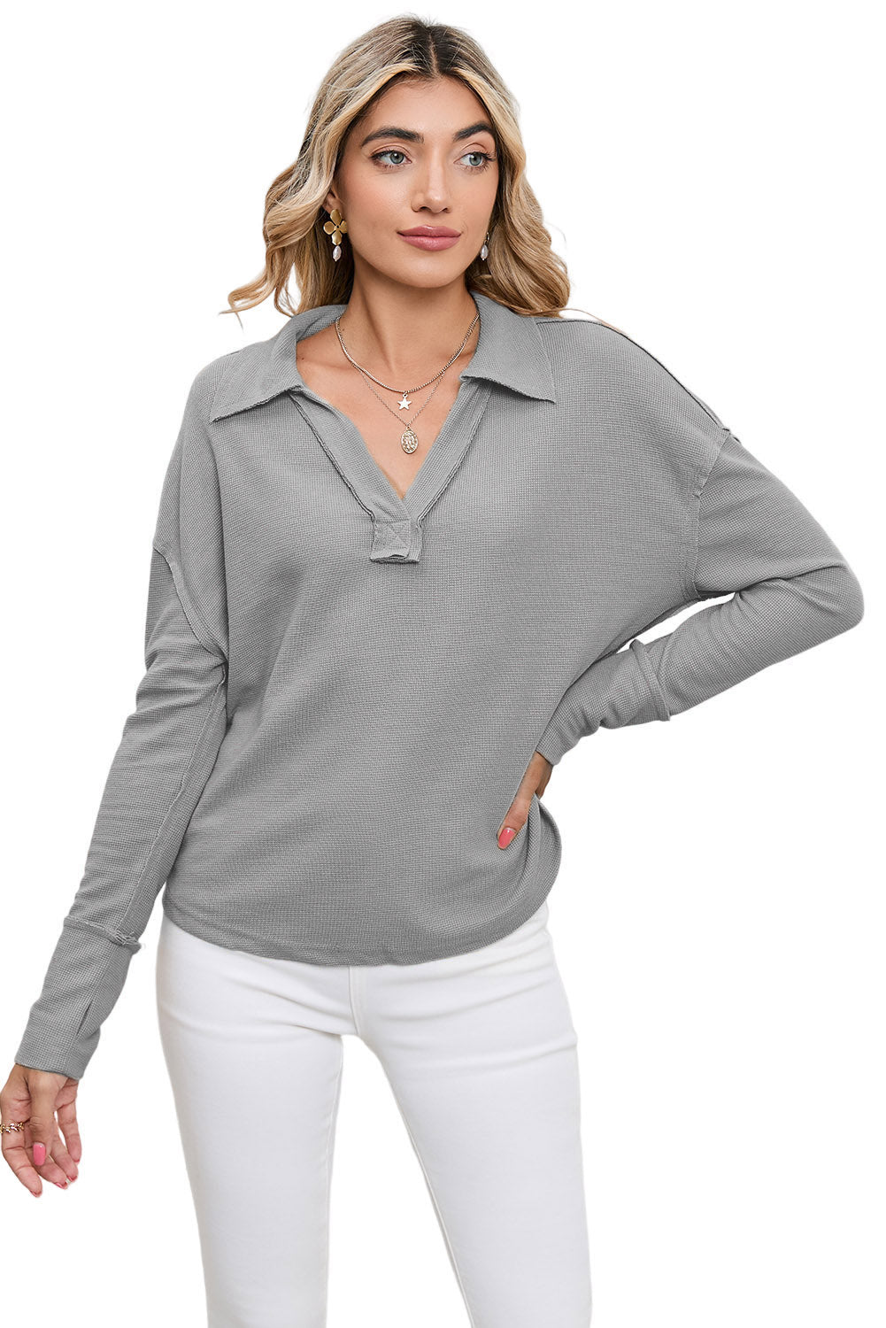 Gray V Neck Collared  Retro Waffle Long Sleeve Top