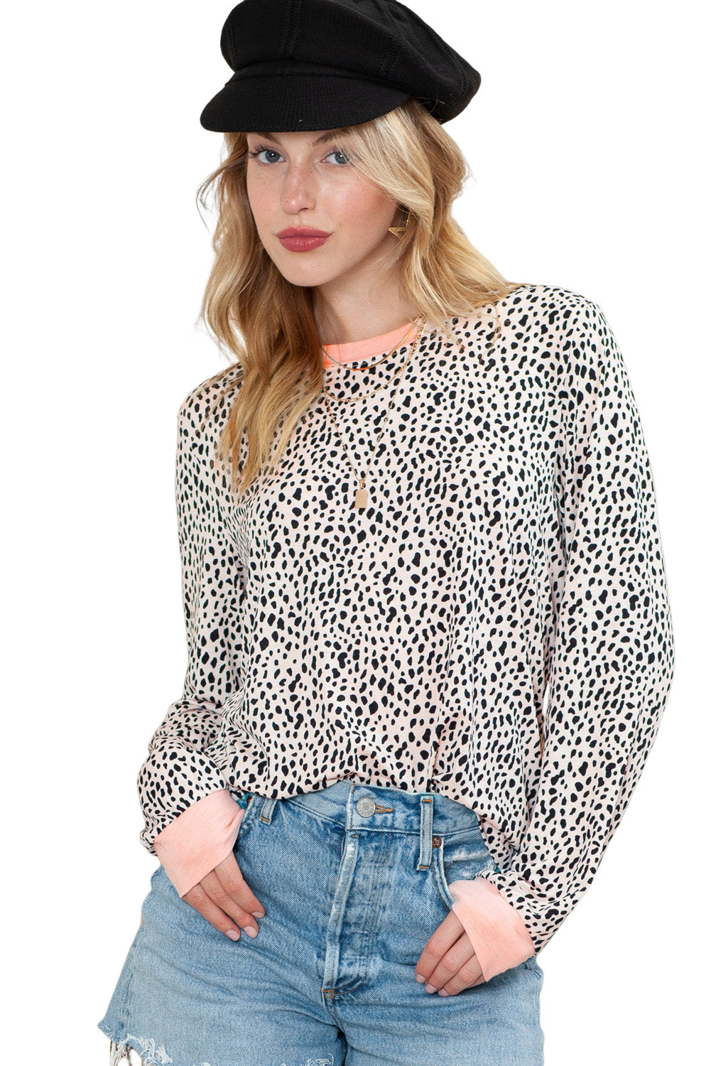 Red Animal Spotted Print Round Neck Long Sleeve Top