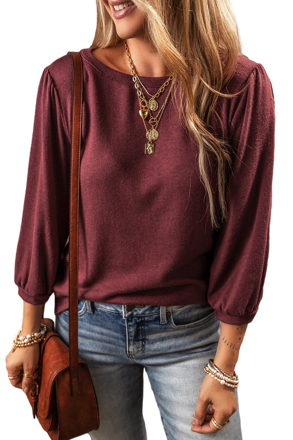 Black Plain 3/4 Puff Sleeve Round Neck Top