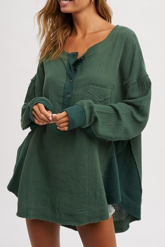 Green Solid Color Crinkled Patchwork Henley Blouse