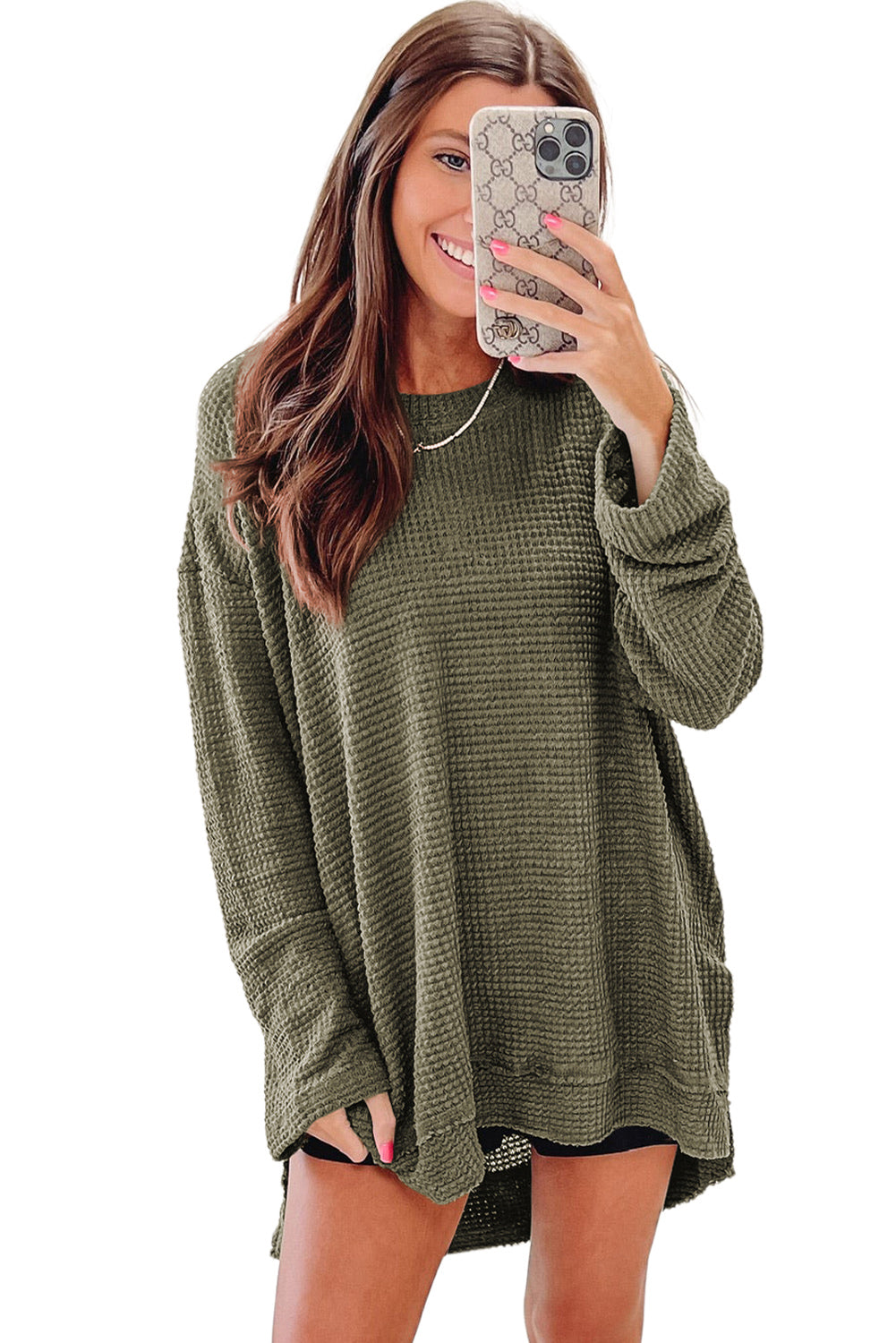 Gray Waffle Knit Drop Sleeve Side Slits Oversized Top