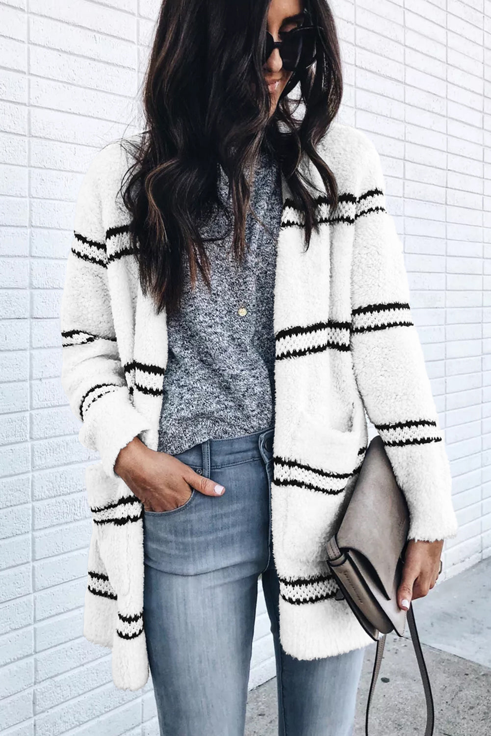 White Striped Furry Open Front Cardigan