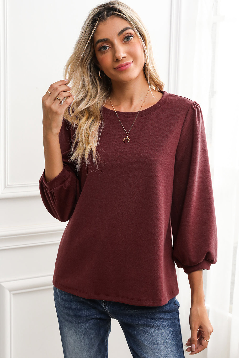 Black Plain 3/4 Puff Sleeve Round Neck Top