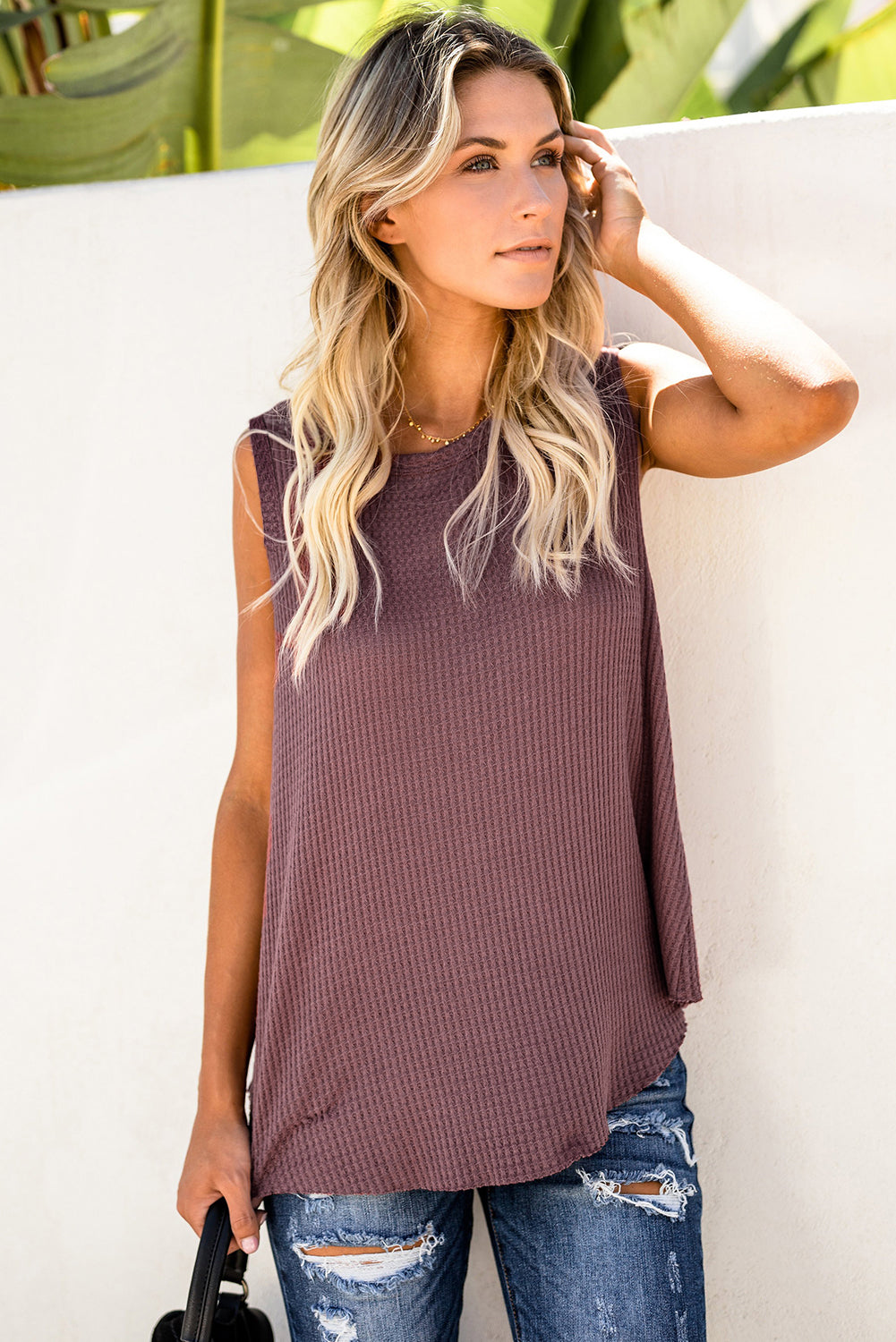 Red Basic Crew Neck Waffle Rib-Knit Tank Top