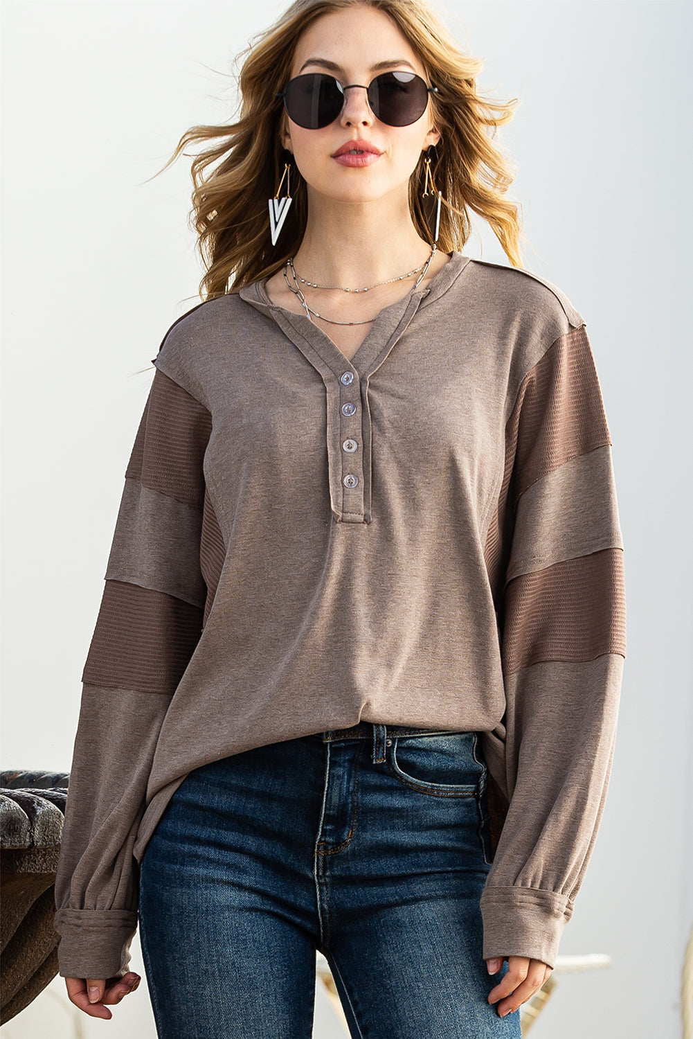 Gray Waffle Patchwork Dolman Sleeve Henley Top