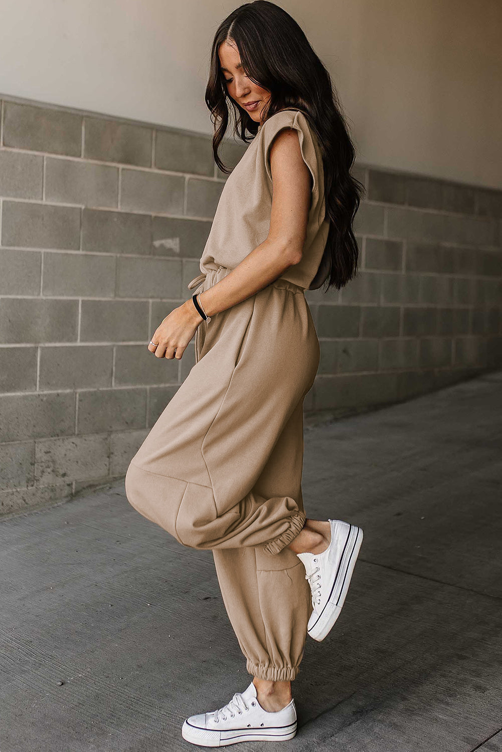 Light Beige Cap Sleeve Backless Drawstring Jogger Jumpsuit