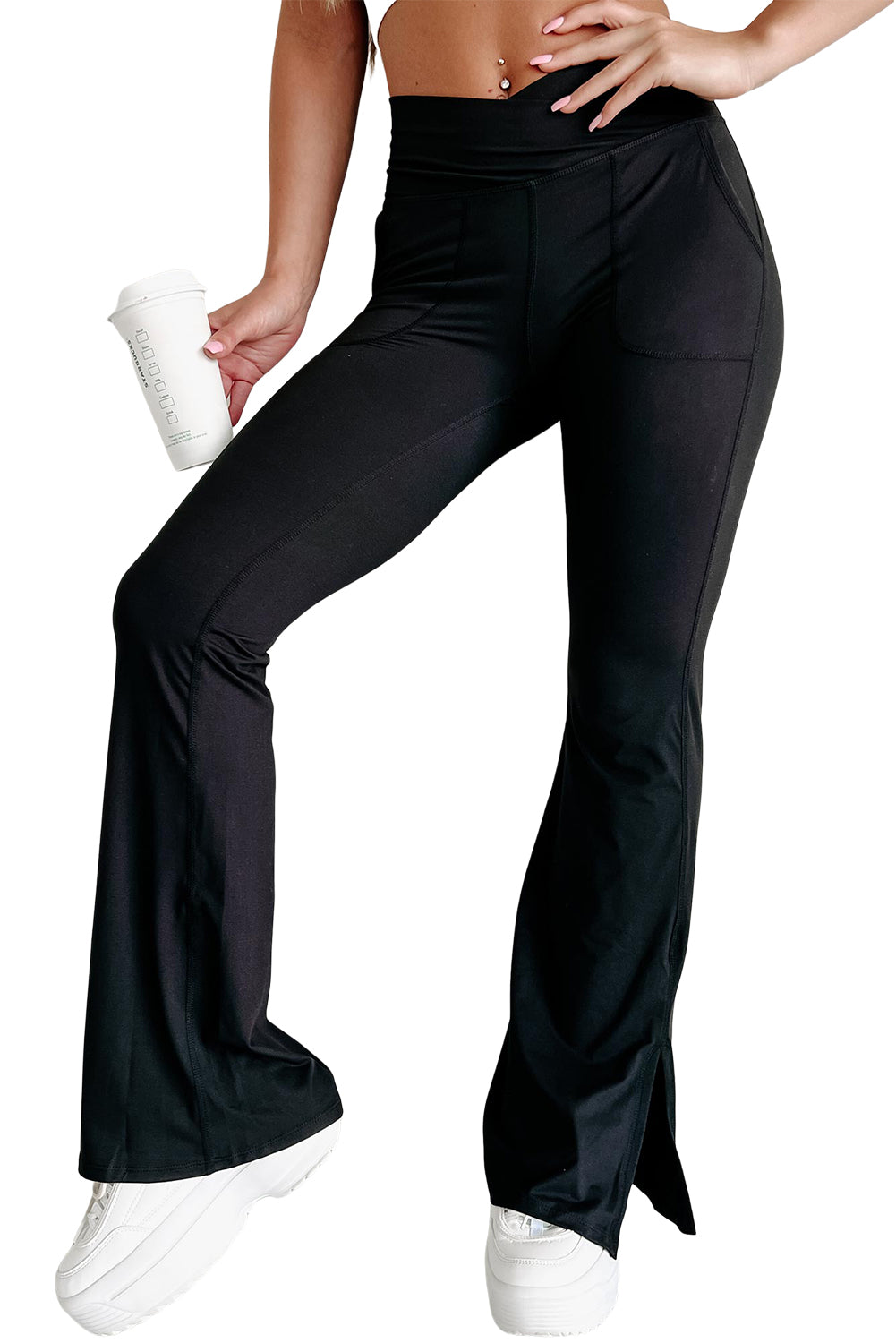 Black Cross Waist Pocketed Split Hem Flared Leggings