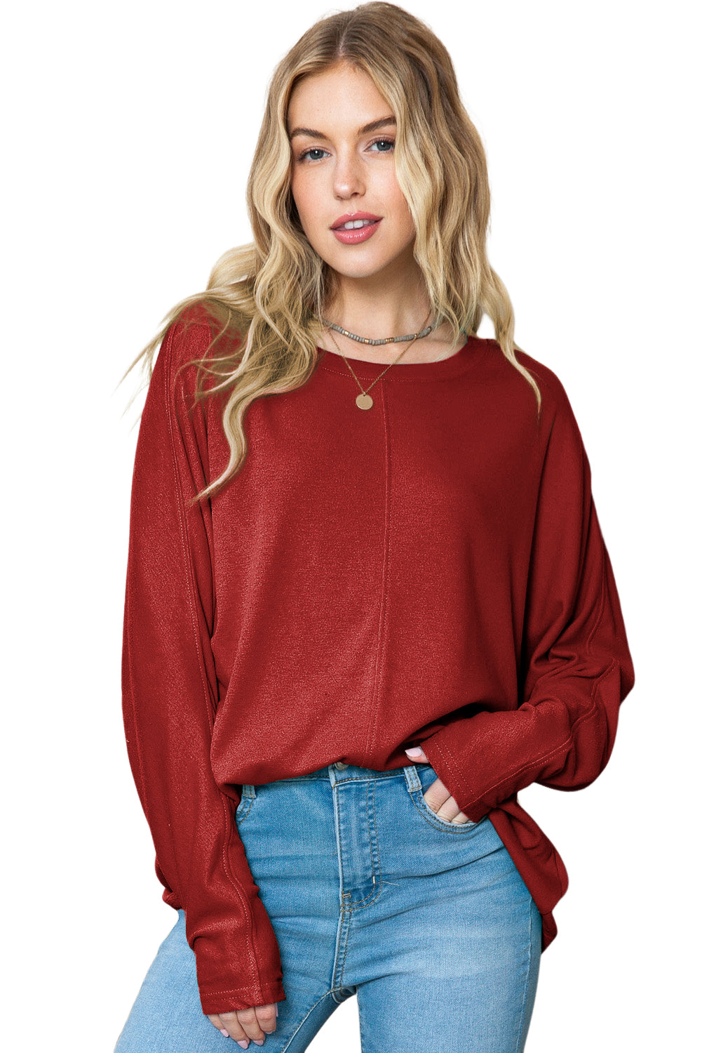 Red Basic Solid Color Seam Patchwork Long Sleeve Top